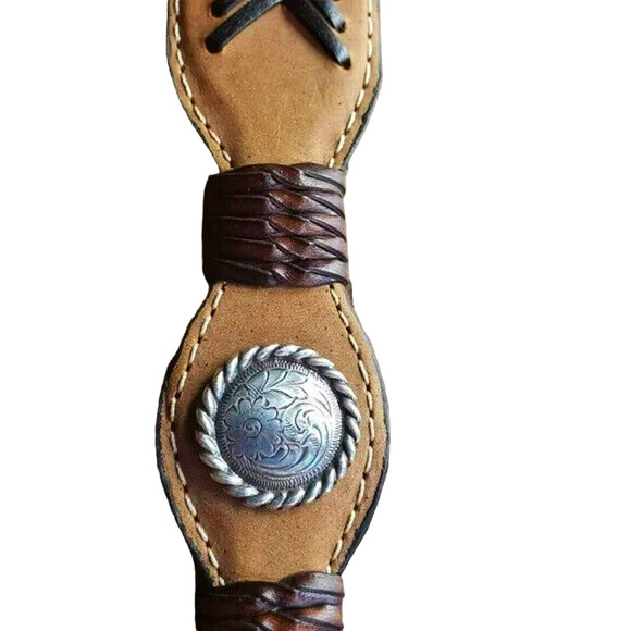 Nocona Tan Brown Leather Western Belt Braided Concho Silver Tooled Buckle Sz 26 - Picture 12 of 12